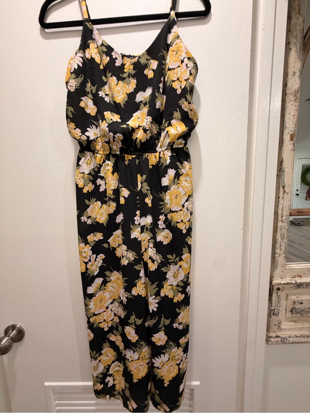 Floral Black & Yellow Spaghetti-Strap Jumpsuit
